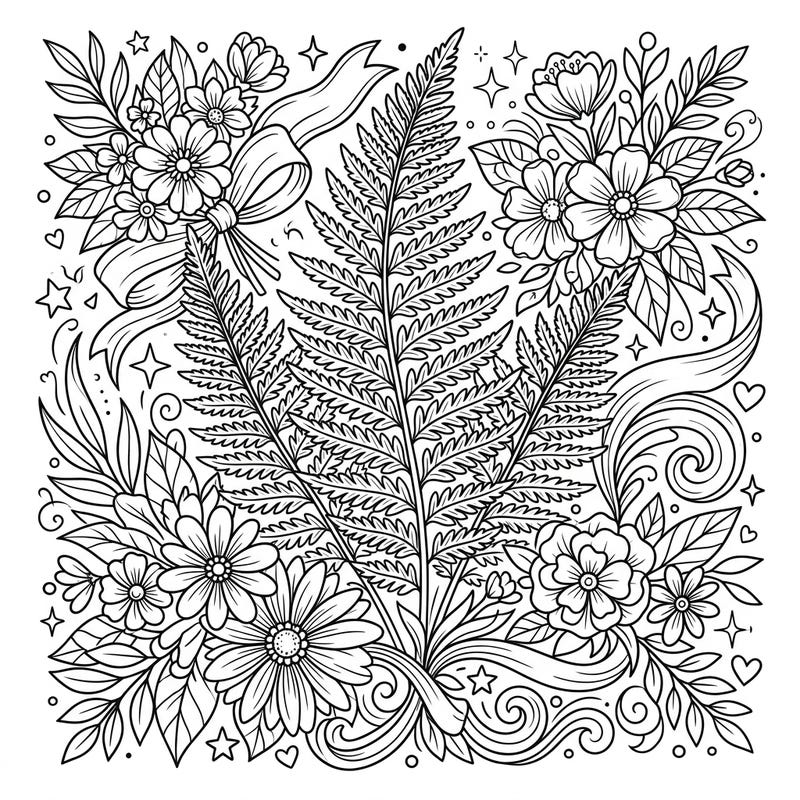 Discover a beautiful Mother's Day coloring page featuring the majestic royal fern nestled among delicate blossoms. This intricate design offers a calming and creative way to show your appreciation.