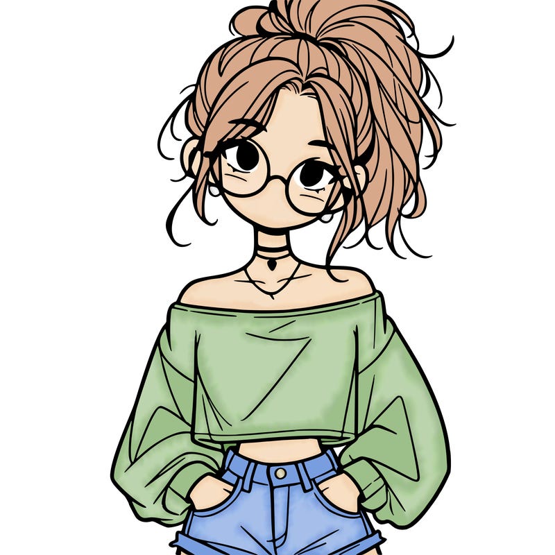 girl with a messy ponytail glasses a baggy crop top and jean shorts