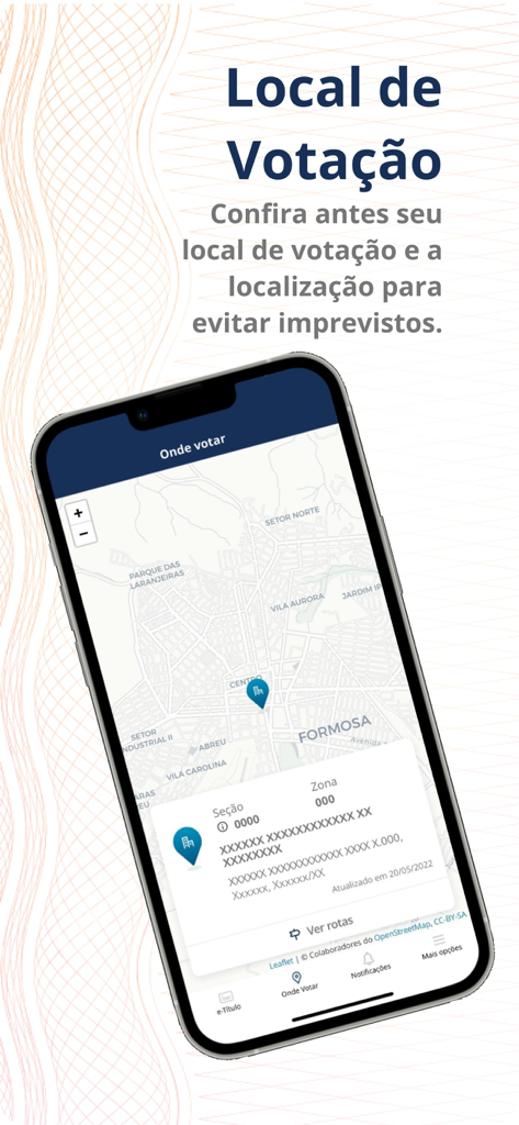 Brazilian e-Título app interface showing a map with voting location details