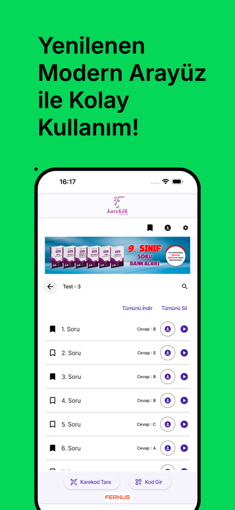 Karekök Video Çözüm - Karekök Video Çözüm app interface showing a list of math questions with video solutions and ninth grade textbook banner