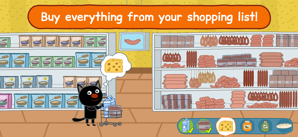 Kid-E-Cats: Supermarket Game! - A black cat from Kid-E-Cats shopping in a grocery store with a list