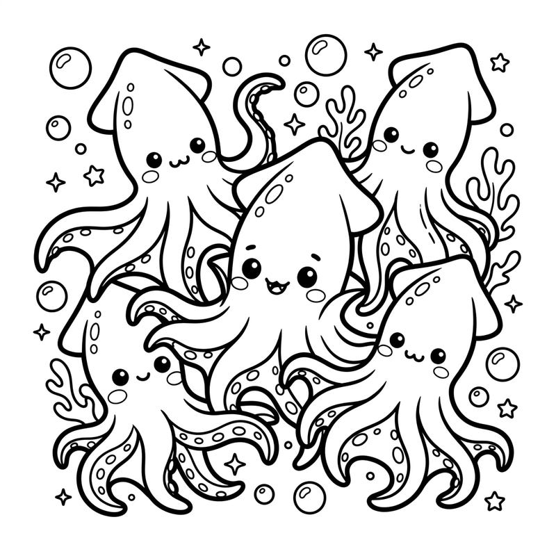 Meet the cutest deep-sea dwellers in this delightful Kawaii Vampire Squids coloring page! These charming cephalopods with their big eyes and sweet smiles are ready for your creative touch.