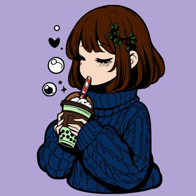 manga girl drinking boba in cozy sweater
