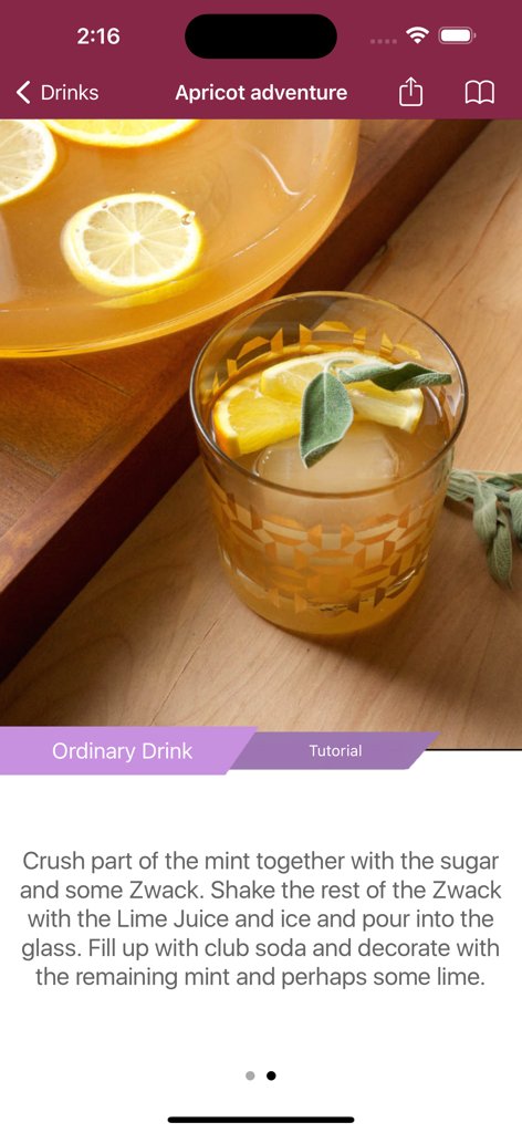 A cocktail recipe tutorial in the Professional Bartender Suite app showing steps to make an Apricot adventure drink