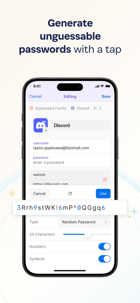 1Password app interface on an iPhone displaying the generation of a complex random password
