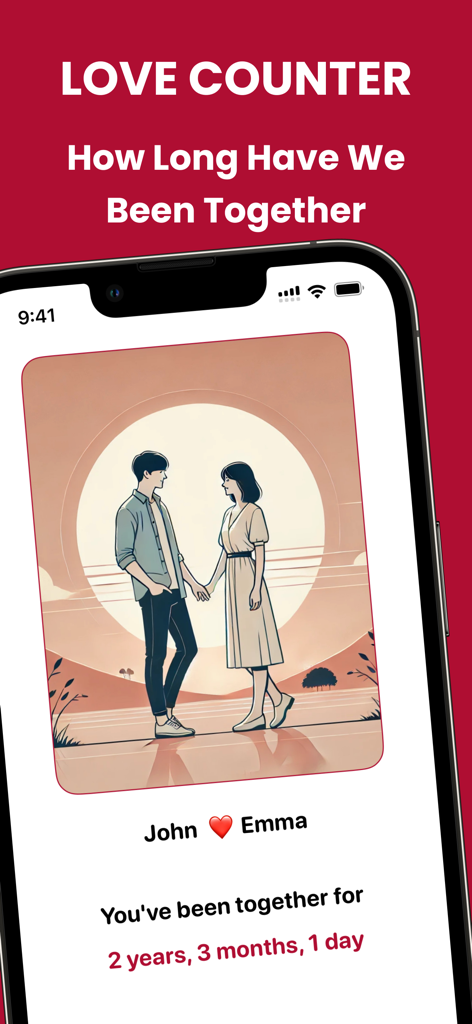 How Long Have We Been Together - Relationship counter app screen showing a couple illustration and the time they have been together