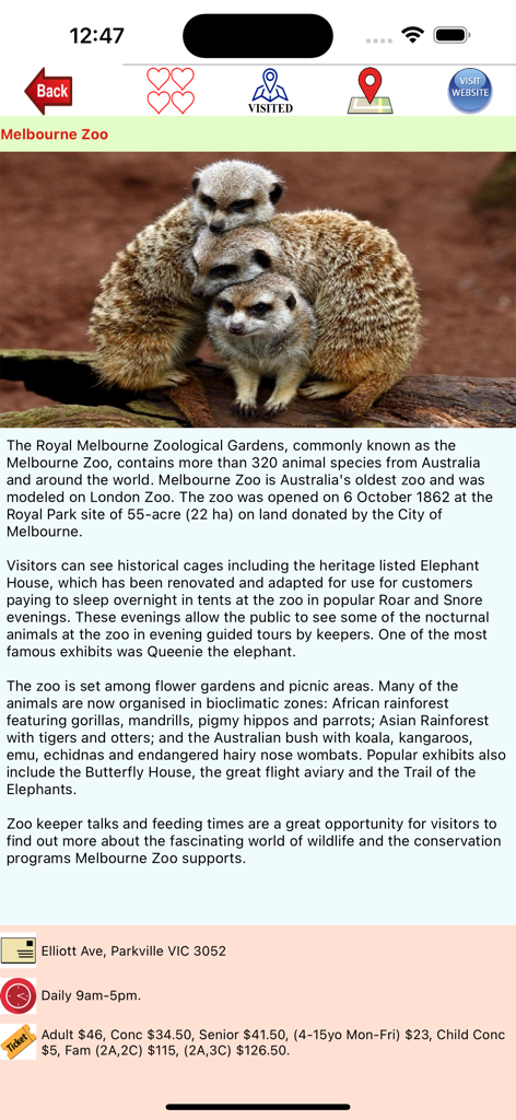Details für den Melbourne Zoo in der App mit einem Foto von Erdmännchen und Besucherinformationen.