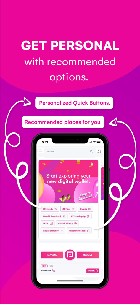 Pi Pay - Pi Pay mobile app interface showcasing personalized quick buttons and recommended options