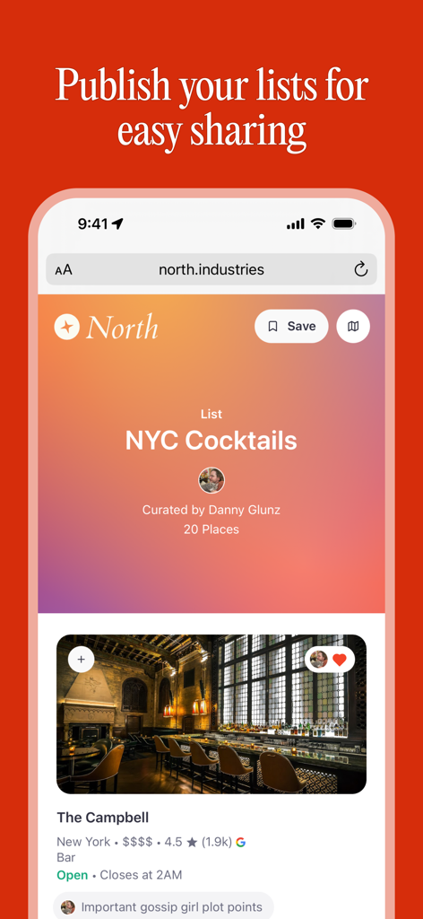 North - Save & Share Places - Captura de pantalla de una lista publicada de bares de cócteles de la ciudad de Nueva York compartida a través de la aplicación North