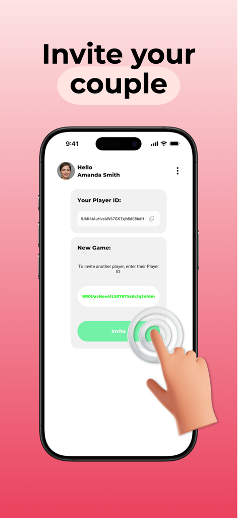 Couple Cards: Love Game - Una pantalla de móvil de la app Couple Cards que muestra cómo invitar a una pareja usando un ID de jugador único.