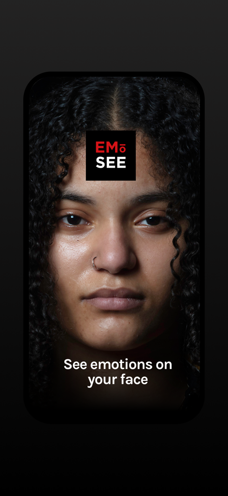 Emosee - A close up portrait of a woman in the Emosee app with the text See emotions on your face