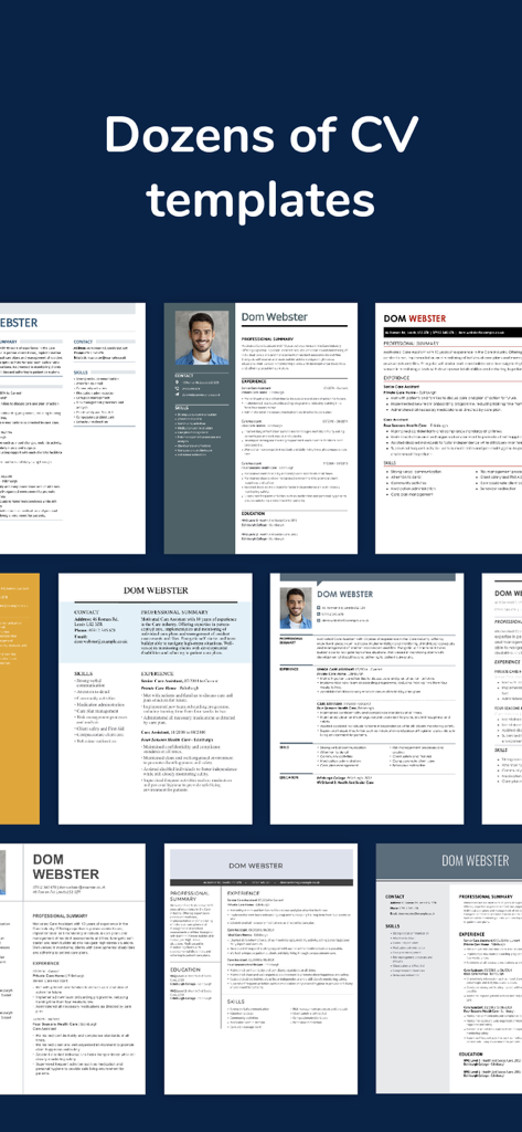 Una colección de plantillas de CV y currículums profesionales con varios diseños modernos.