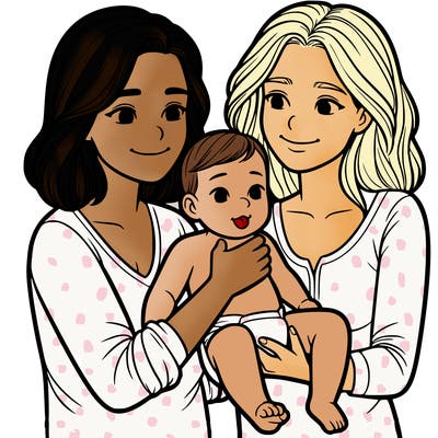 two realistic women holding one baby together