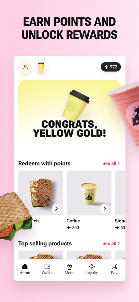 Tela do aplicativo móvel JOE AND THE JUICE exibindo pontos de fidelidade e recompensas.