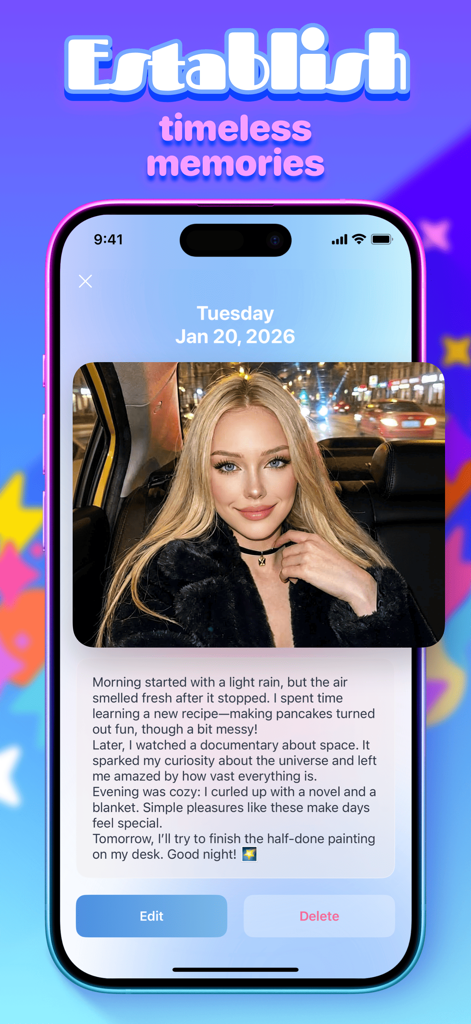 Delio - Log Your Wisdom - Ein Screenshot einer persönlichen Tagebuchseite mit Foto und Textbeschreibung aus der Delio-App.