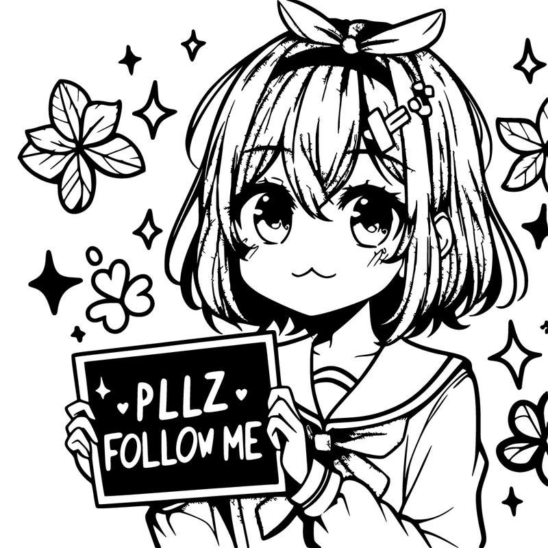 anime girl holding sign that says plz follow me