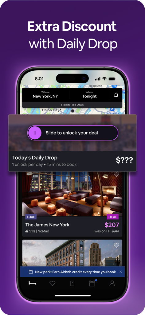HotelTonight: Booking Deals - HotelTonight app screen displaying the Daily Drop feature for last minute hotel booking deals in New York.