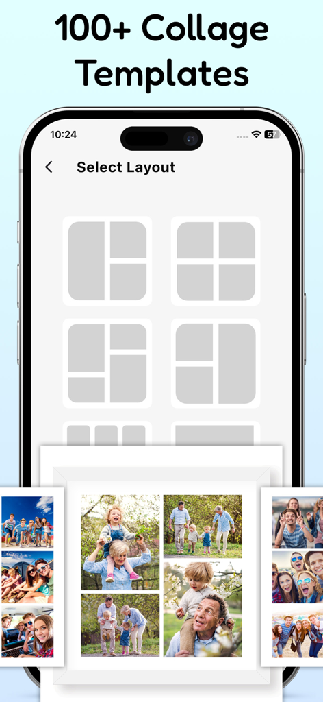 Oberfläche der mobilen App, die verschiedene Fotocollage-Rasterlayouts und eine Beispiel-Fotocollage einer Familie zeigt