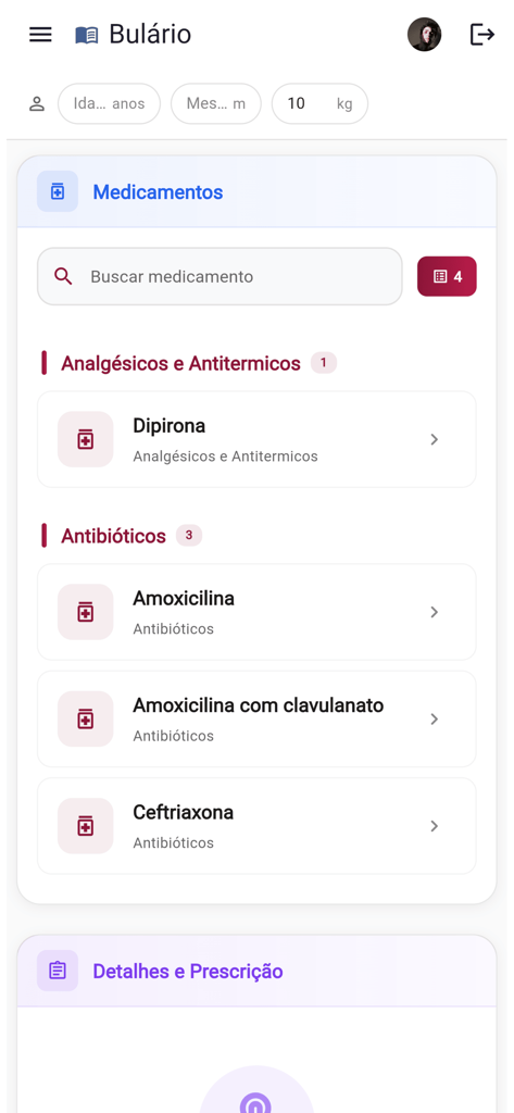 Pediatria 192 - Interface do aplicativo Pediatria 192 mostrando o banco de dados de medicamentos pediátricos com cálculos de dosagem baseados em peso para analgésicos e antibióticos.