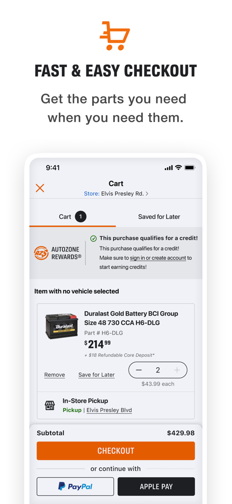 AutoZone Auto Parts & Repair - AutoZone mobile app shopping cart screen showing a car battery with options for in-store pickup and checkout using PayPal or Apple Pay.