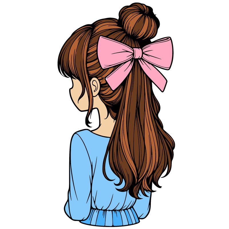 realistic girl  with hip length hair a bun and a big bow on the back of head