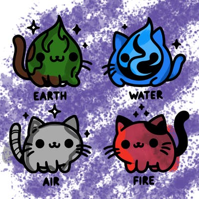 4 cats that represent the different elements, earth, water, air, and fire