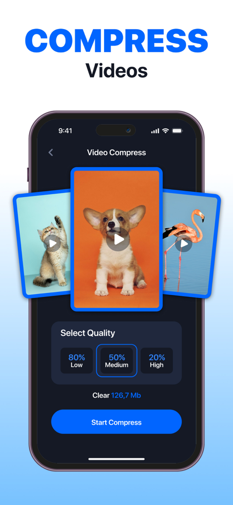 Interfaz de la aplicación Magic Cleaner mostrando la configuración de compresión de video para ahorrar espacio en el teléfono.