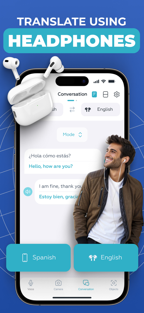 Interfaz de la aplicación Voice Translator mostrando traducción con auriculares en modo conversación