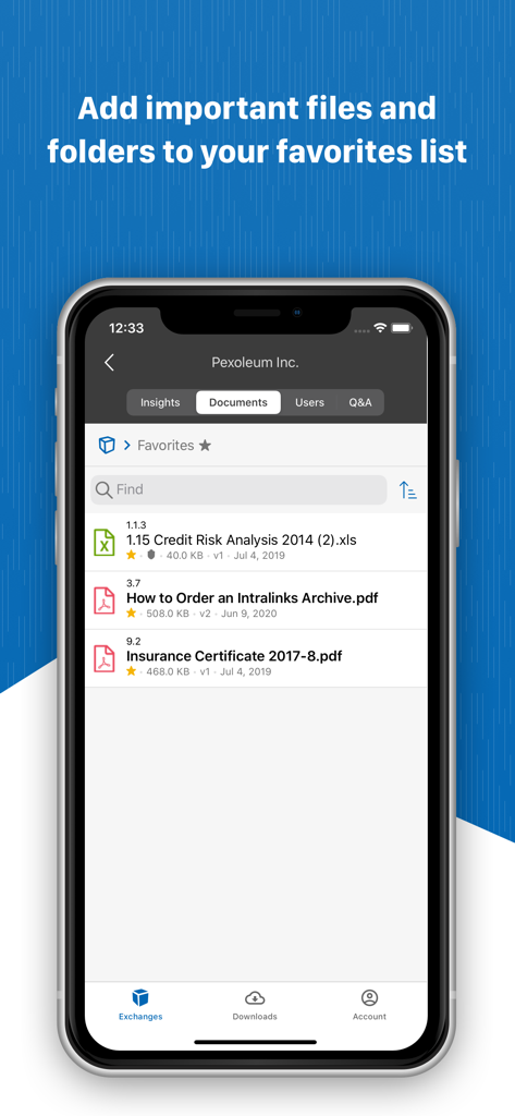 Intralinks mobile App zeigt den Favoritenordner mit wichtigen Finanzdokumenten