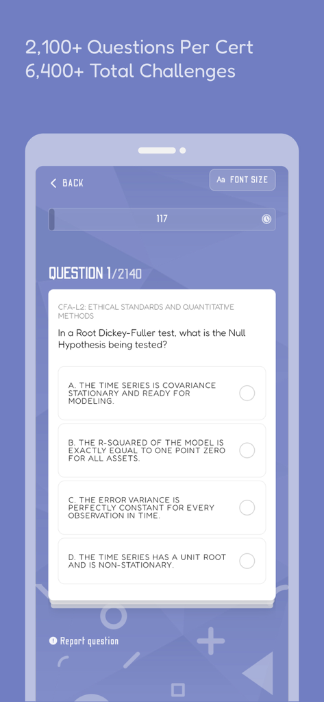 CFA Exam Prep 2026: with AI - Mobile screen showing a CFA Level 2 practice question on quantitative methods with multiple choice options.