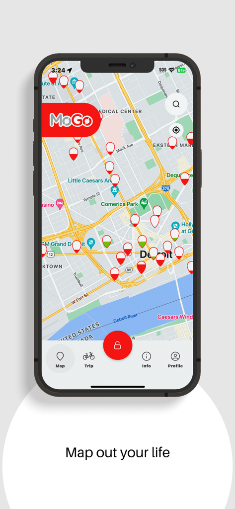 PBSCアプリのマップインターフェースに、デトロイトのMoGoバイクシェアステーションが表示されています。