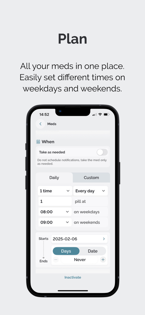 Ecrã da aplicação Dose Medbox para agendar a toma de medicamentos com horários diferentes para dias úteis e fins de semana