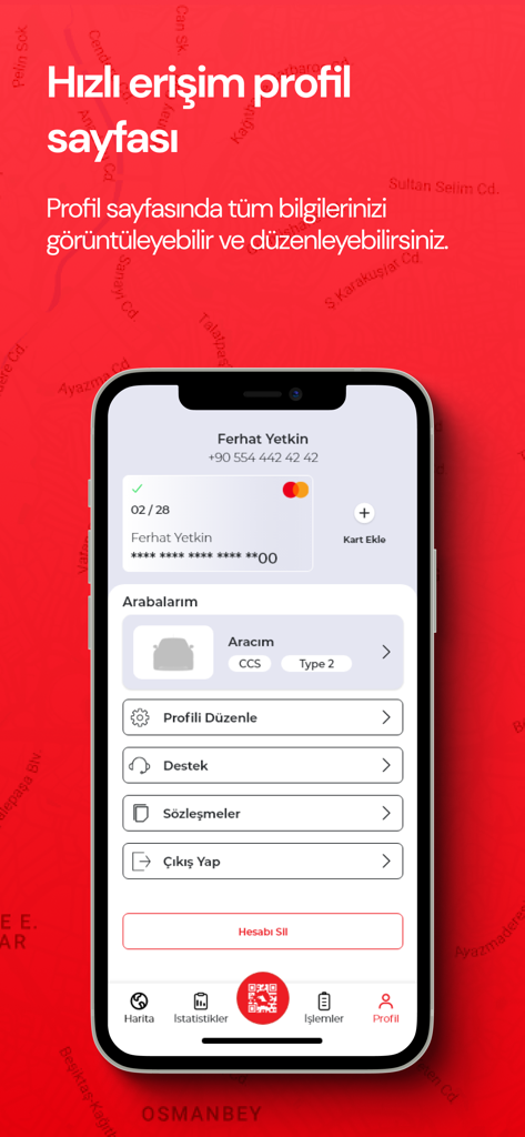 Smartphone screen displaying the user profile of e-POwer app with payment and vehicle settings.