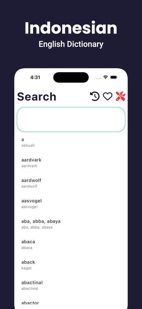 Search screen of the Indonesian Dictionary app showing English words and their translations