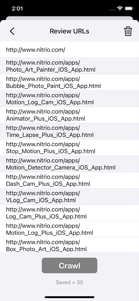 Review URLs screen in Images Crawler app showing a list of website links and a crawl button