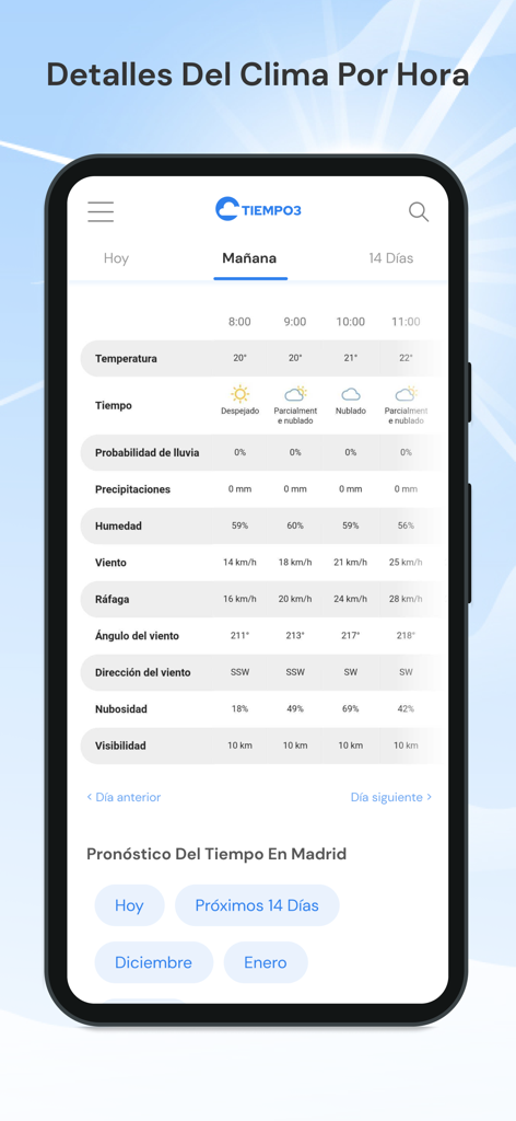 Tiempo3 - Clima y Pronóstico - Interface of the Tiempo3 app showing detailed hourly weather forecast including temperature and rain probability