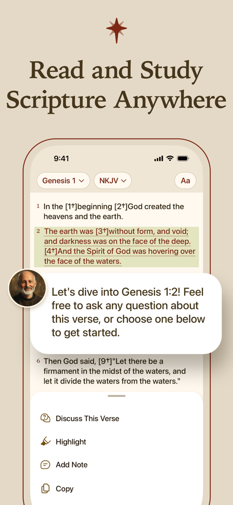 Faith Mentor - AI Bible Chat - Interface of Faith Mentor app showing Bible scripture and an AI chat prompt to discuss verses