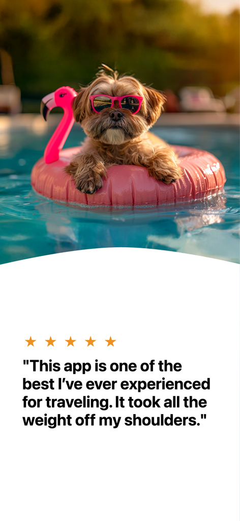 Packing List – Pack, Repeat - Un perro pequeño con gafas de sol en un flotador de piscina de flamenco con una reseña de usuario de cinco estrellas para la aplicación Lista de Equipaje.