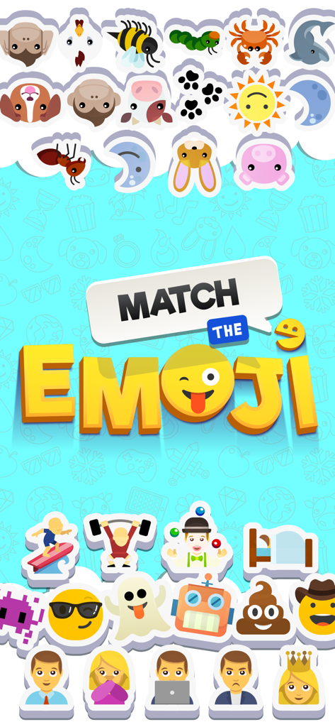 Pantalla de título del juego de puzles Combina Emojis con una variedad de coloridas pegatinas de emoji.