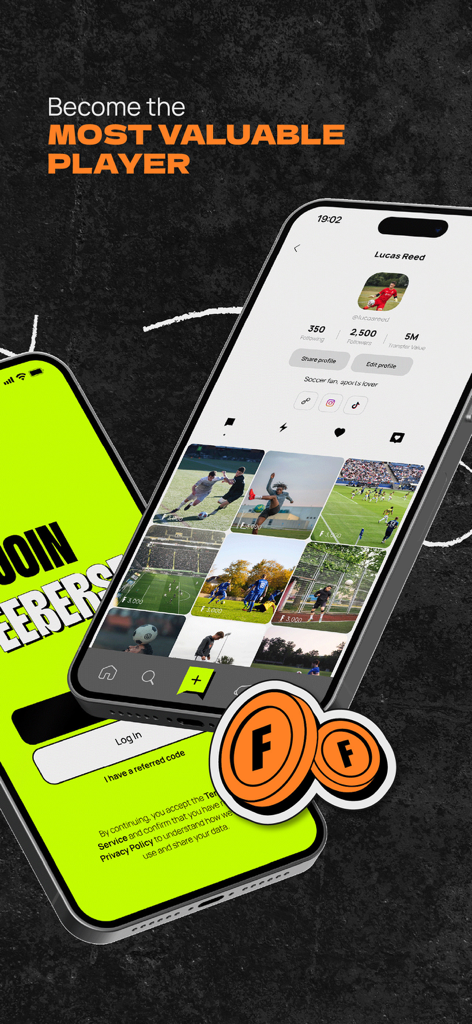 Feeberse app interface showing a user profile with soccer highlights and a five million transfer value