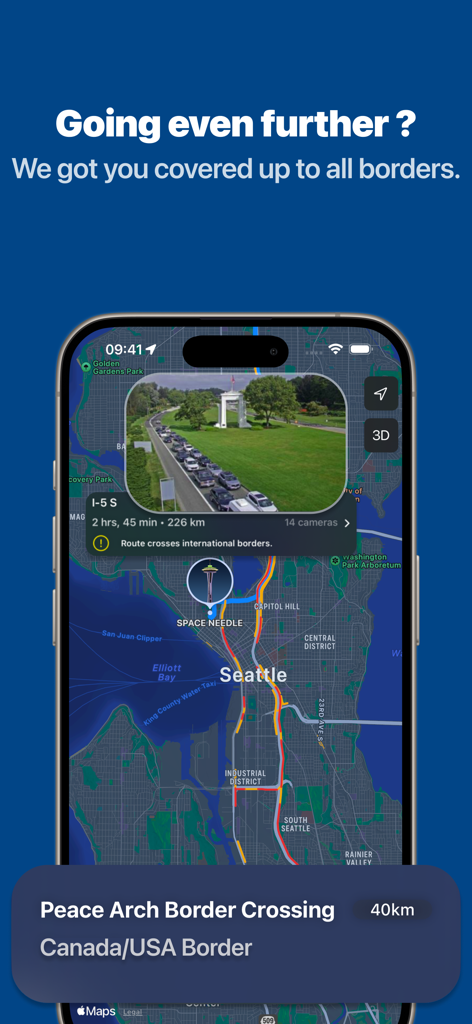 Map of Seattle with live Peace Arch border crossing camera feed overlay