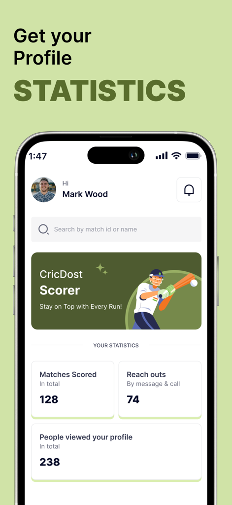 CricDost Scorer app interface displaying a player profile with total matches scored and profile view statistics.
