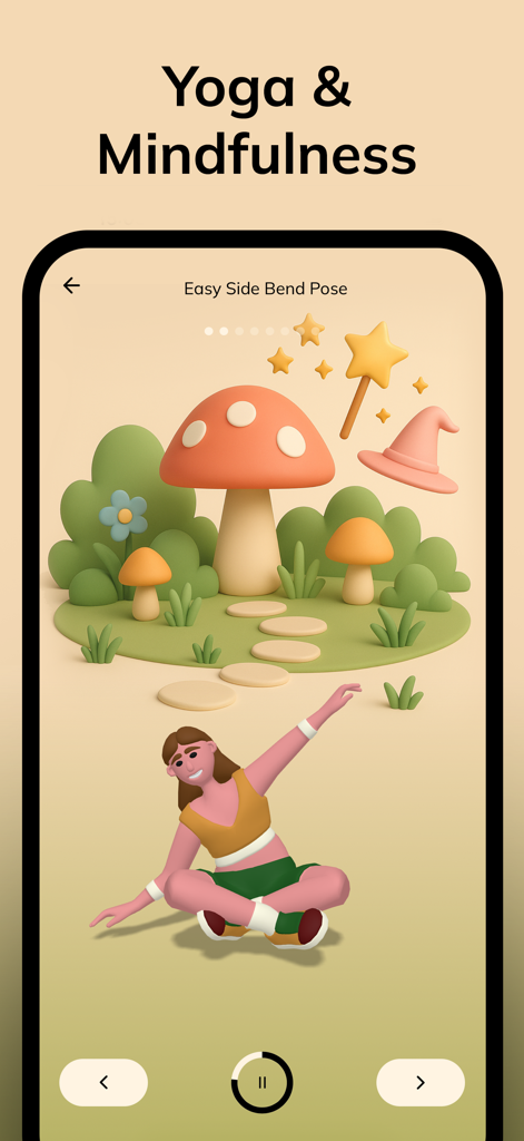 Kids Yoga, Workout & Exercise - A screenshot of the Kids Yoga app showing a character performing an Easy Side Bend Pose in a magical garden environment.