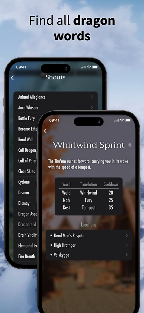 The Elder Scrolls Map - Skyrim map app interface displaying a list of dragon shouts and locations for Whirlwind Sprint