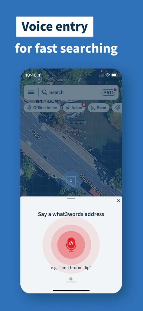 Screenshot of what3words app showing the voice entry feature for fast location searching over a satellite map.