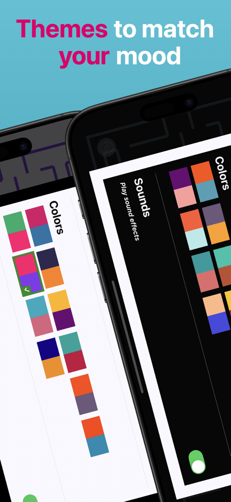 Maze Master: Brain Training - Tela de configurações do aplicativo Maze Master mostrando opções de tema de cores claro e escuro