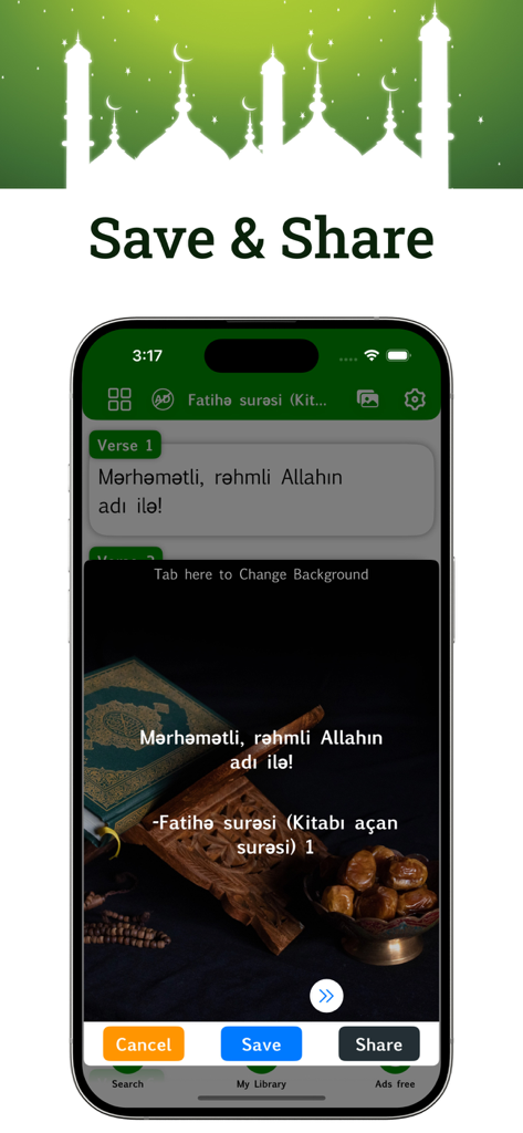 Azerbaijani Quran - A smartphone screen displaying the Azerbaijani Quran app's feature to create and share verse graphics with a custom background.