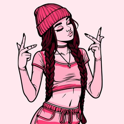 realistic teenage girl with braids and a beanie and crop top doing 🫶🏼