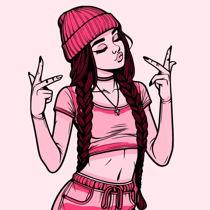 realistic teenage girl with braids and a beanie and crop top doing 🫶🏼