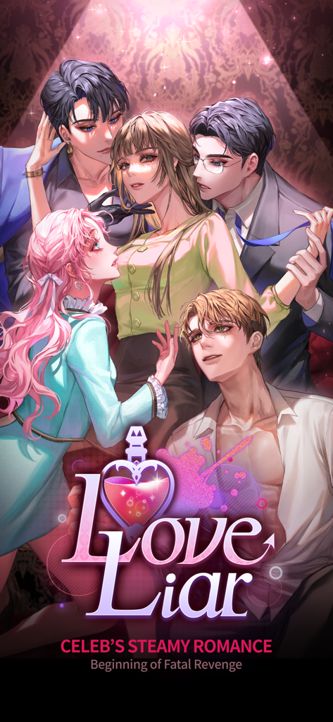 Arte promocional del juego otome de romance secreto Love Liar con varios personajes de anime atractivos en una composición dramática